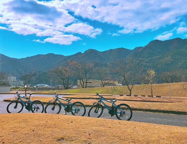 飛騨川公園に立ち並ぶ青い電動自転車
