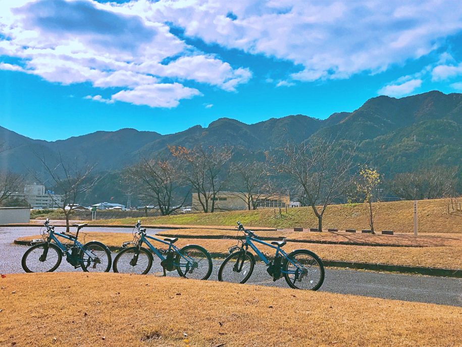 飛騨川公園に立ち並ぶ青い電動自転車