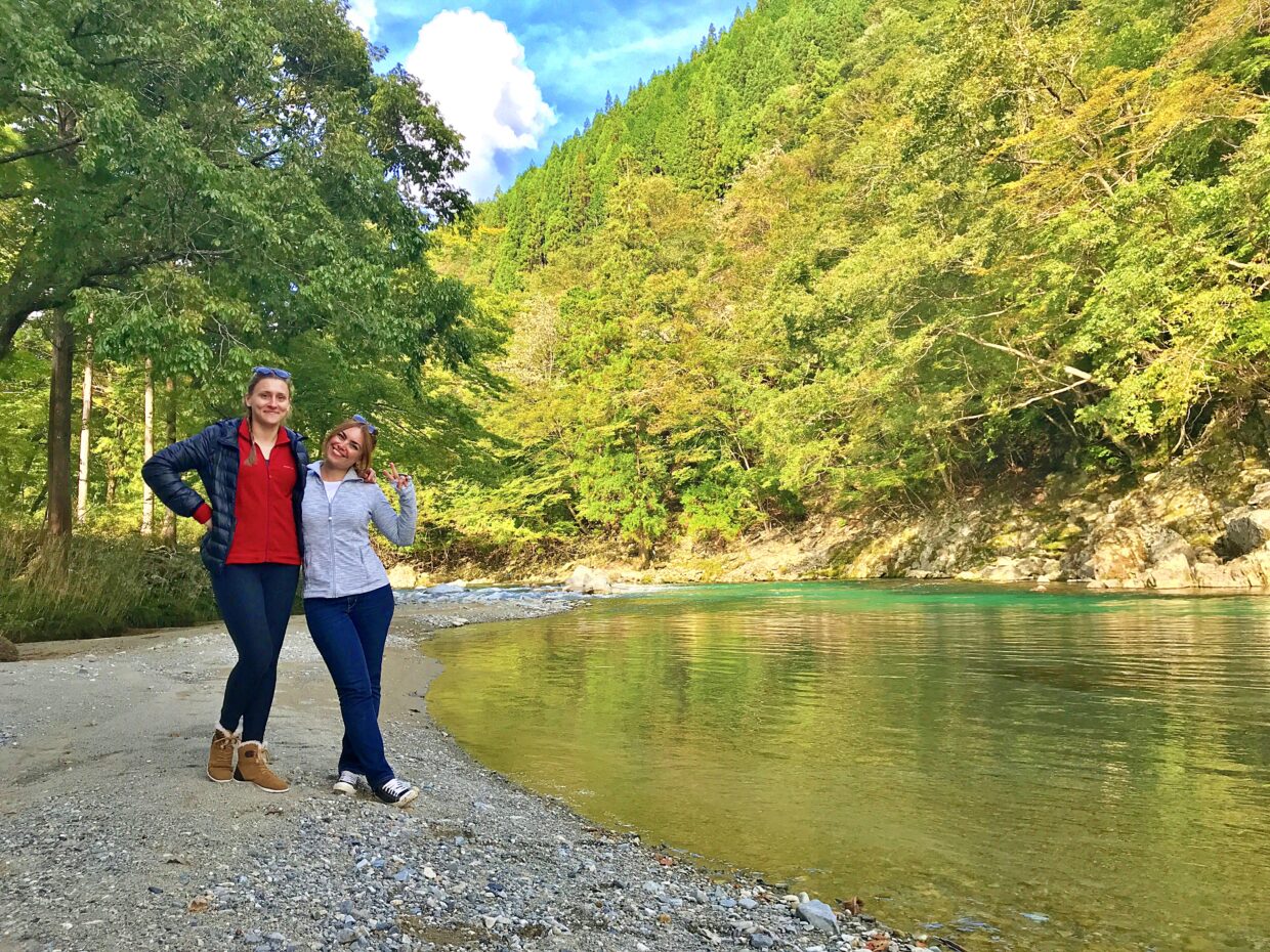 French tourists at the riverside of rural Japan